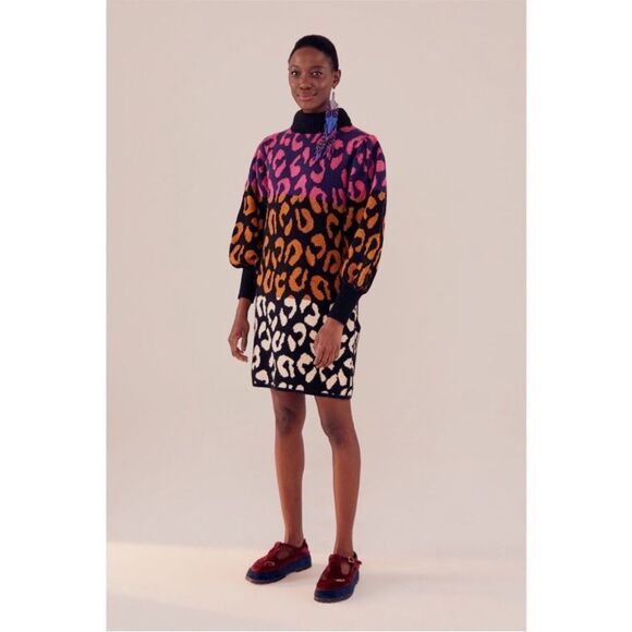 FARM Rio Leopard Pattern Sweater Dress High Neck Multicolored Sz L NWT - Picture 1 of 17